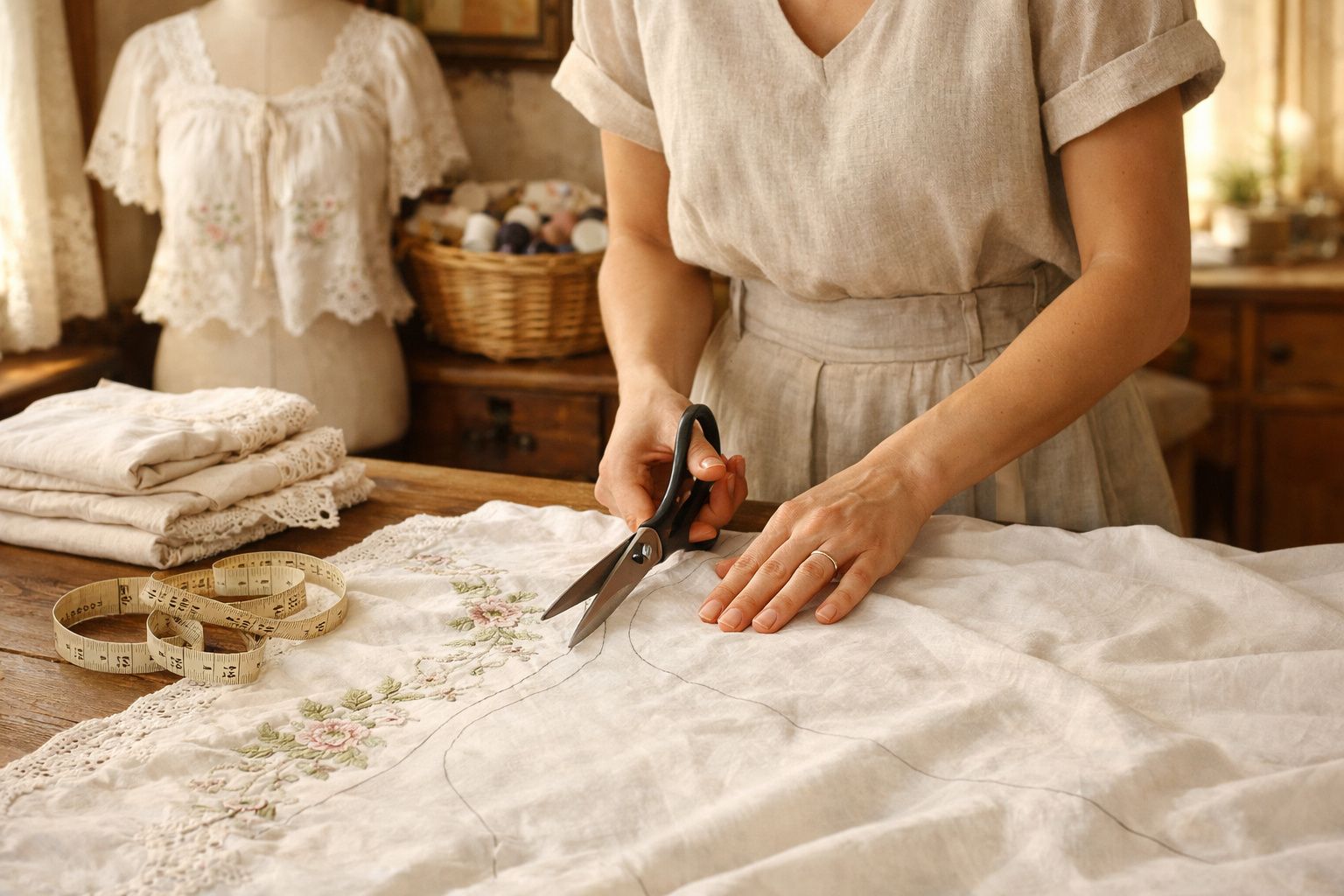 Pessoa a cortar tecido branco com tesoura, rodeada por fitas métricas, tecidos e um manequim com blusa bordada.