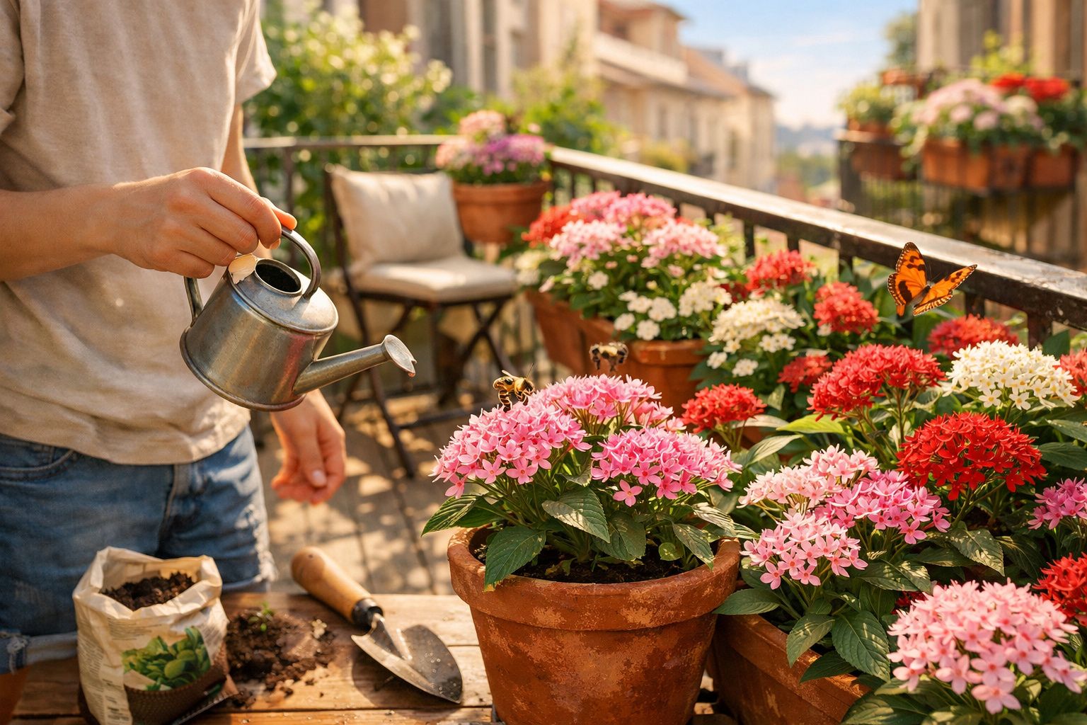 Pessoa a regar flores coloridas em vasos num terraço ensolarado com abelhas e uma borboleta.