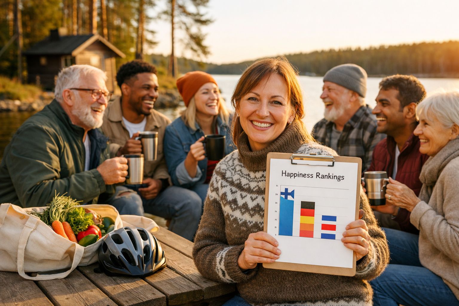 Grupo de seis pessoas sorrindo num piquenique junto ao lago, com mulher a mostrar gráfico de felicidade.