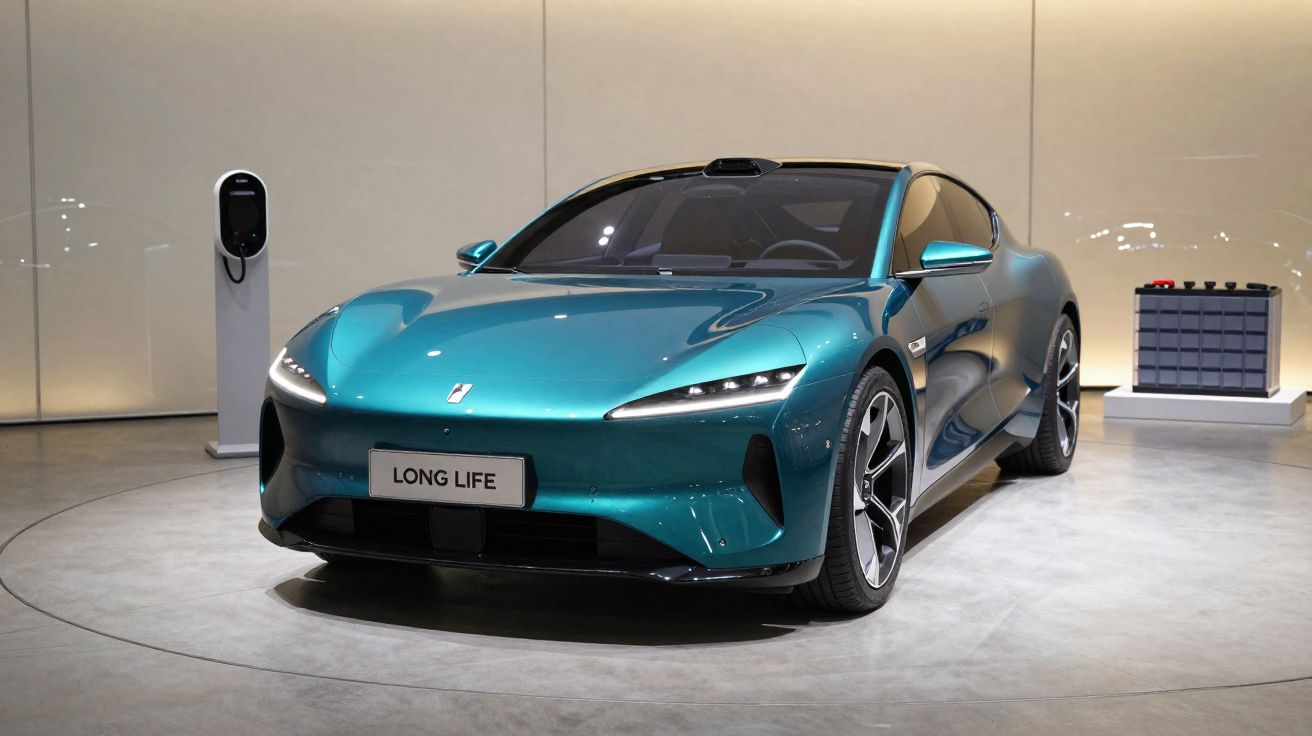 Carro elétrico esportivo azul metálico exposto em ambiente moderno, com carregador e bateria visíveis.