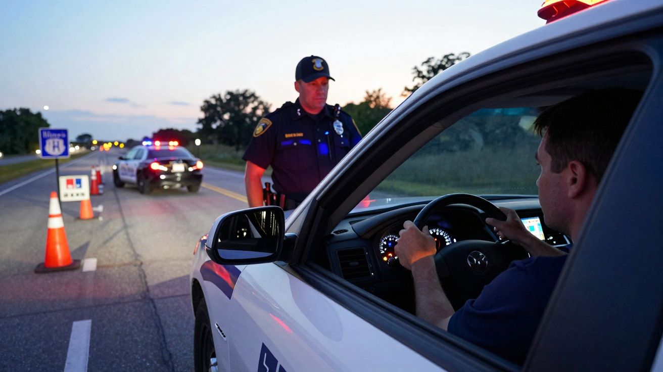 Polícia na berma da estrada a abordar condutor de carro ao entardecer numa operação de fiscalização.