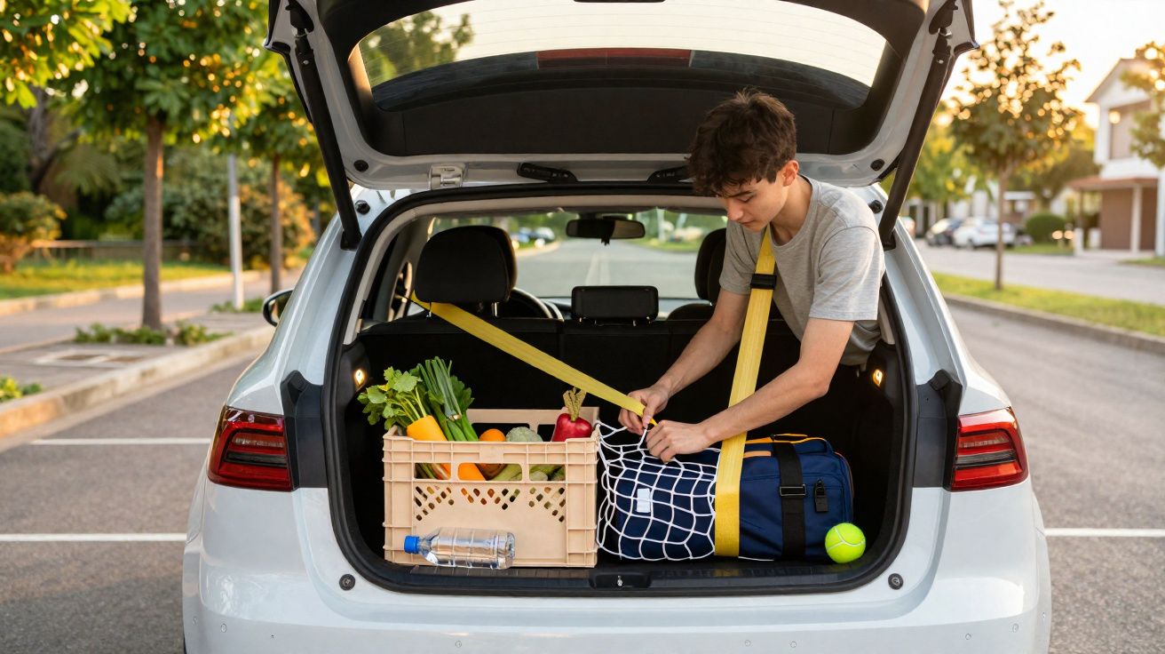 Jovem a arrumar malas e legumes na bagageira de um carro branco estacionado numa rua residencial.