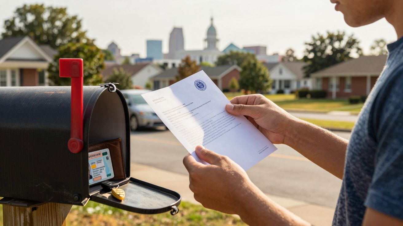 Pessoa a abrir uma caixa de correio preta e a ler uma carta numa rua residencial ensolarada.