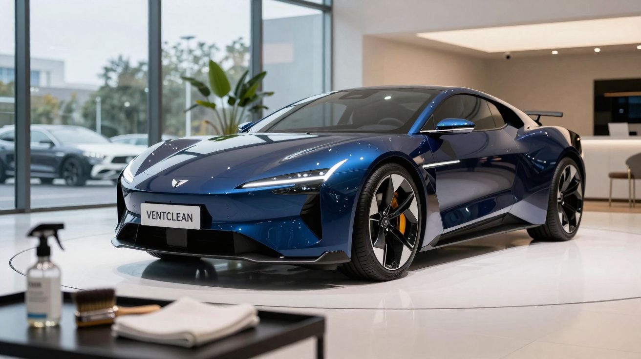 Carro desportivo azul escuro com design aerodinâmico exposto numa sala moderna e luminosa.