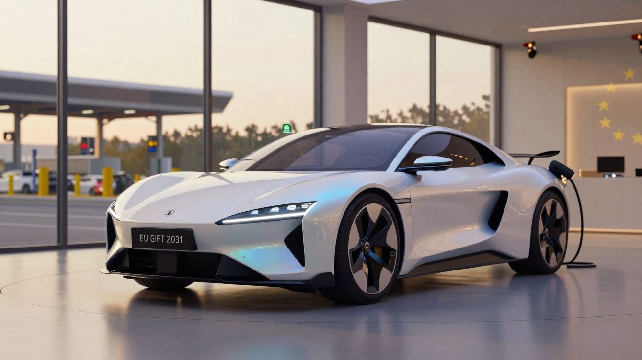 Carro desportivo elétrico branco a carregar numa estação de carregamento interior moderna.