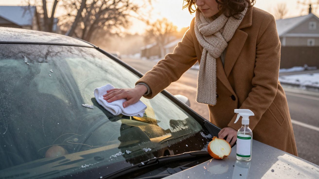 Mulher limpa gelo do para-brisas do carro com um pano e cebola ao amanhecer num dia frio de inverno.