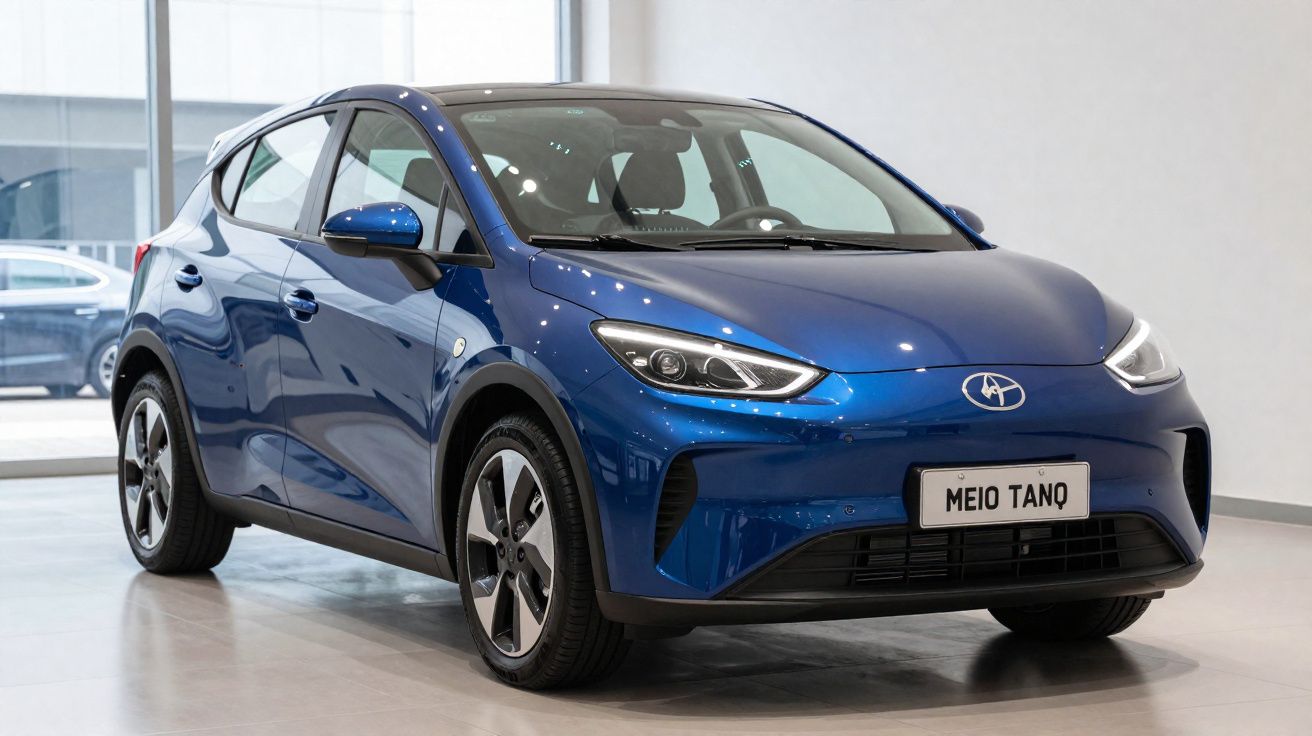 Carro elétrico compacto azul, em exposição num salão moderno com luz natural.