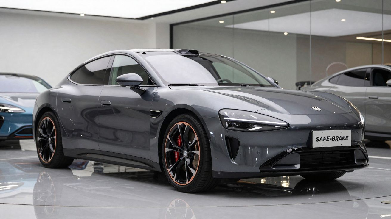 Carro desportivo cinza escuro com design moderno em exposição interior, com rodas elegantes e faróis LED.