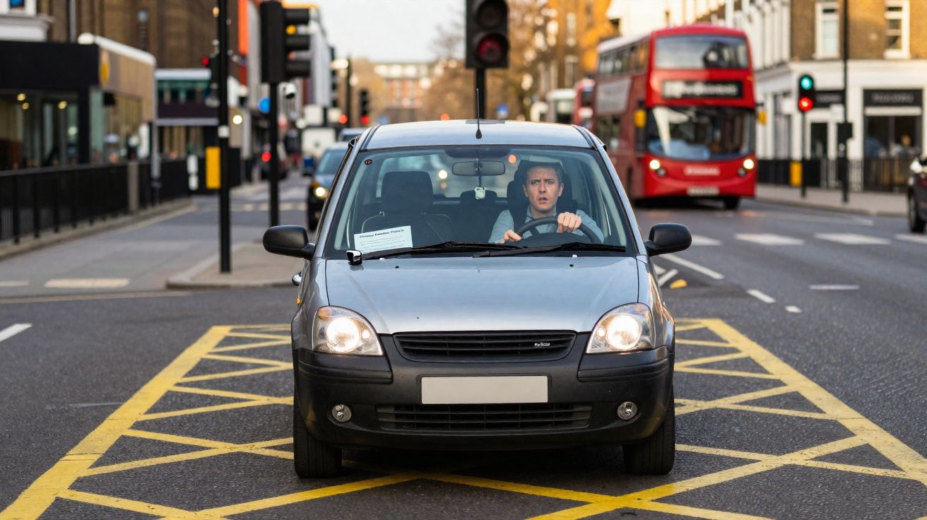 Homem conduz carro cinzento parado em cruzamento com sinal vermelho numa rua de cidade.