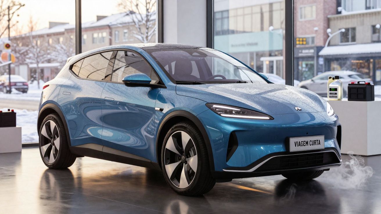 Carro elétrico azul exposto em showroom com placa frontal "VIAGEM CURTA" e neve visível através das janelas.