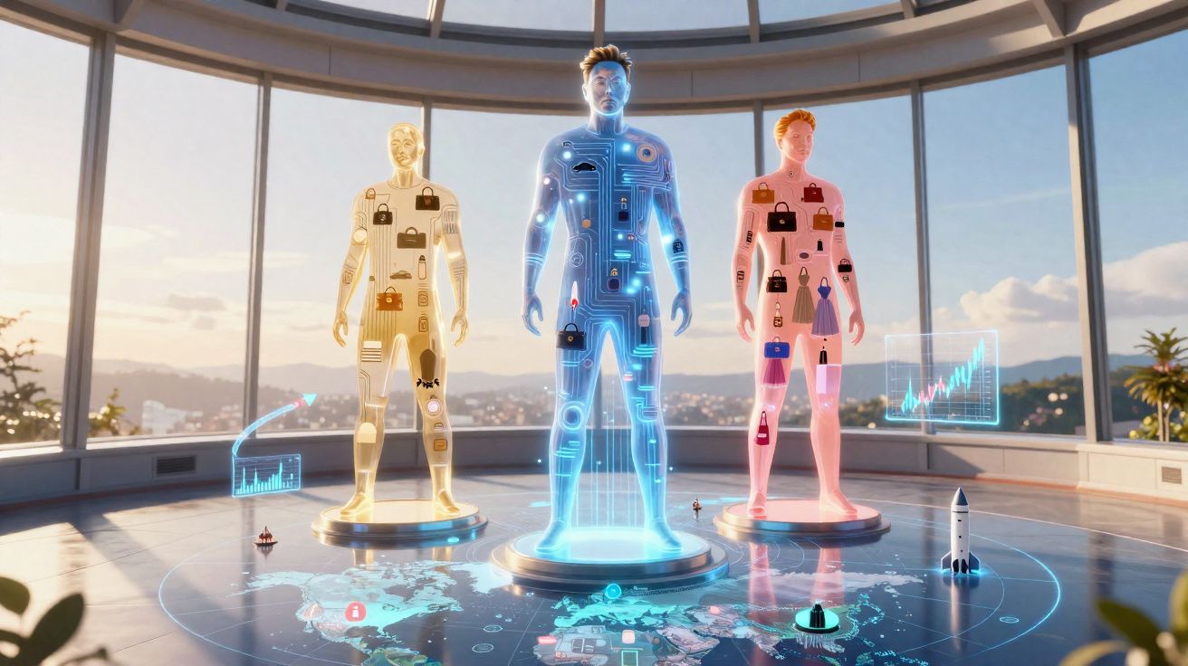 Três figuras humanas holográficas numa sala moderna, com ícones de cadeados e circuitos digitais visíveis nos corpos.