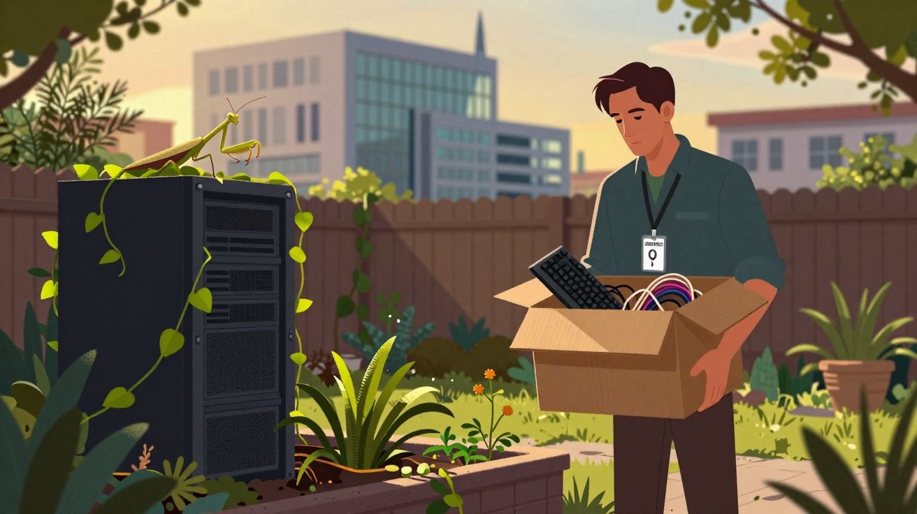 Homem a segurar caixa com teclado e cabos num jardim, junto a servidor coberto por plantas e um louva-a-deus.