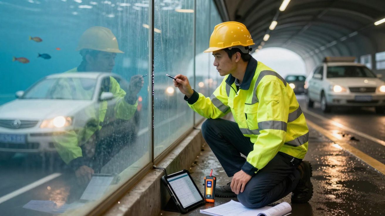 Trabalhador de segurança com capacete e colete amarelo inspeciona um vidro numa estrada coberta com carros ao fundo.