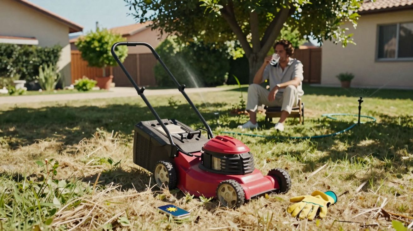 Cortador de relva vermelho no jardim seco com luvas, telefone e pessoa a beber água sentada ao fundo.