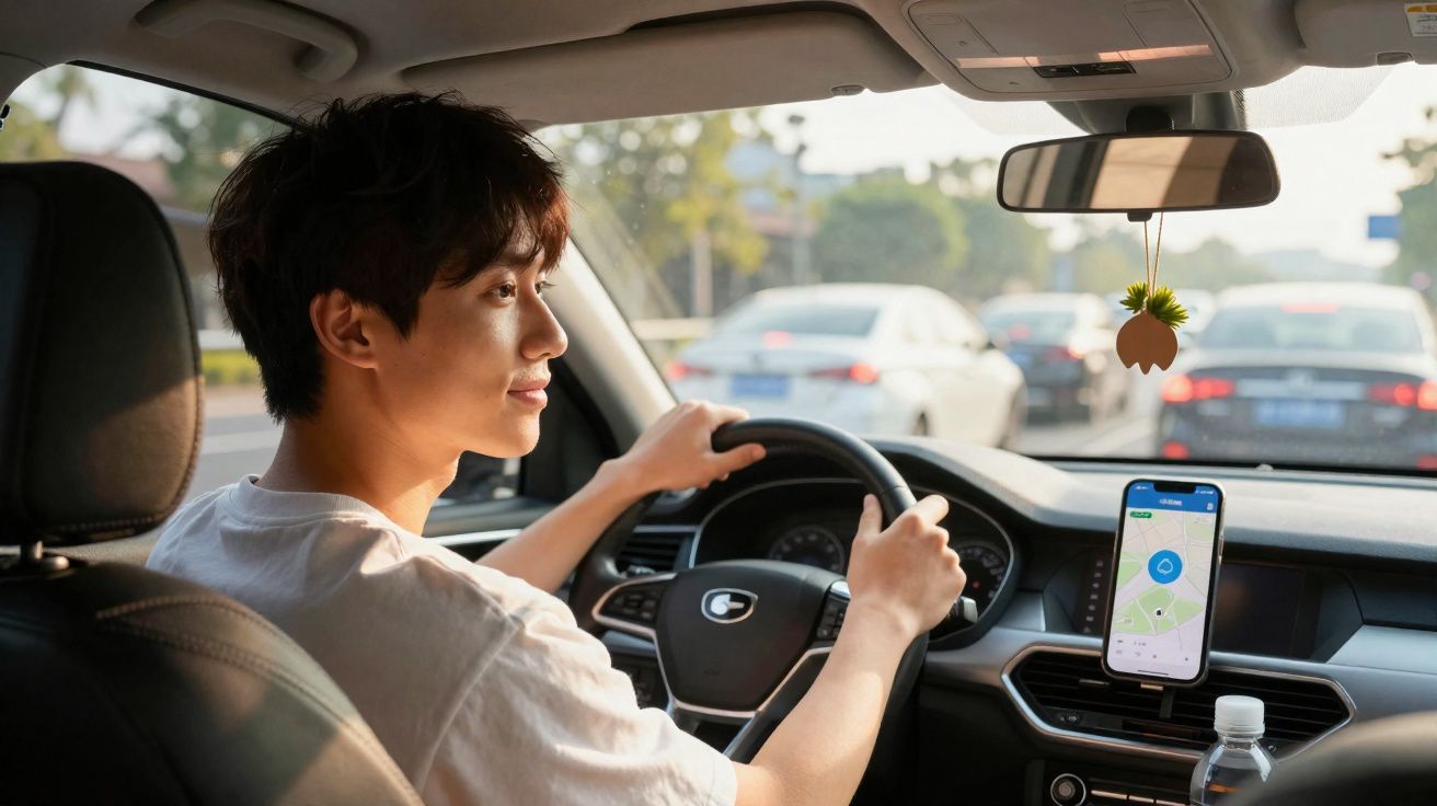 Homem jovem ao volante de carro com aplicação de navegação num smartphone à frente.