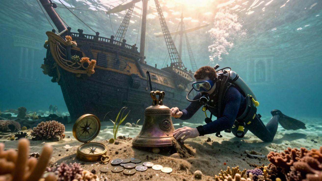 Mergulhador explora sinos, moedas e bússola no fundo do mar perto de naufrágio de um navio antigo.