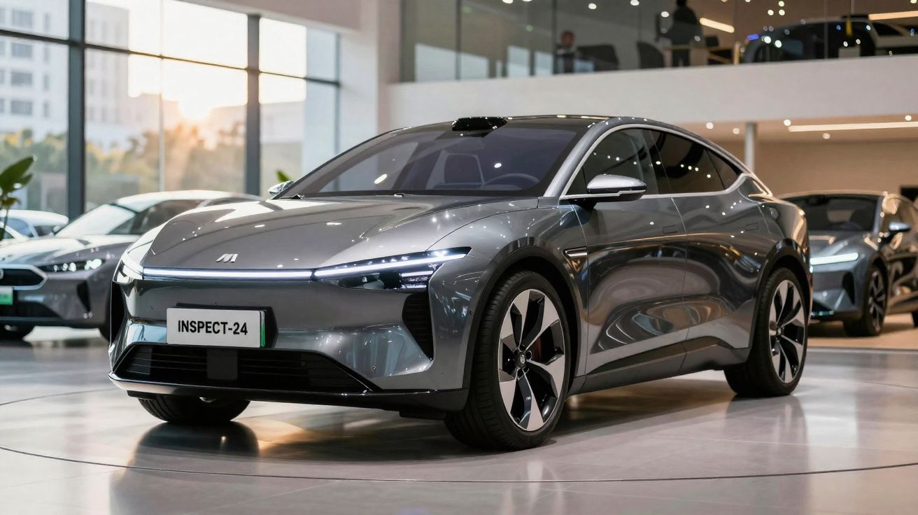 Carro elétrico cinza moderno exposto numa sala de exposição com janelas grandes e luz natural.