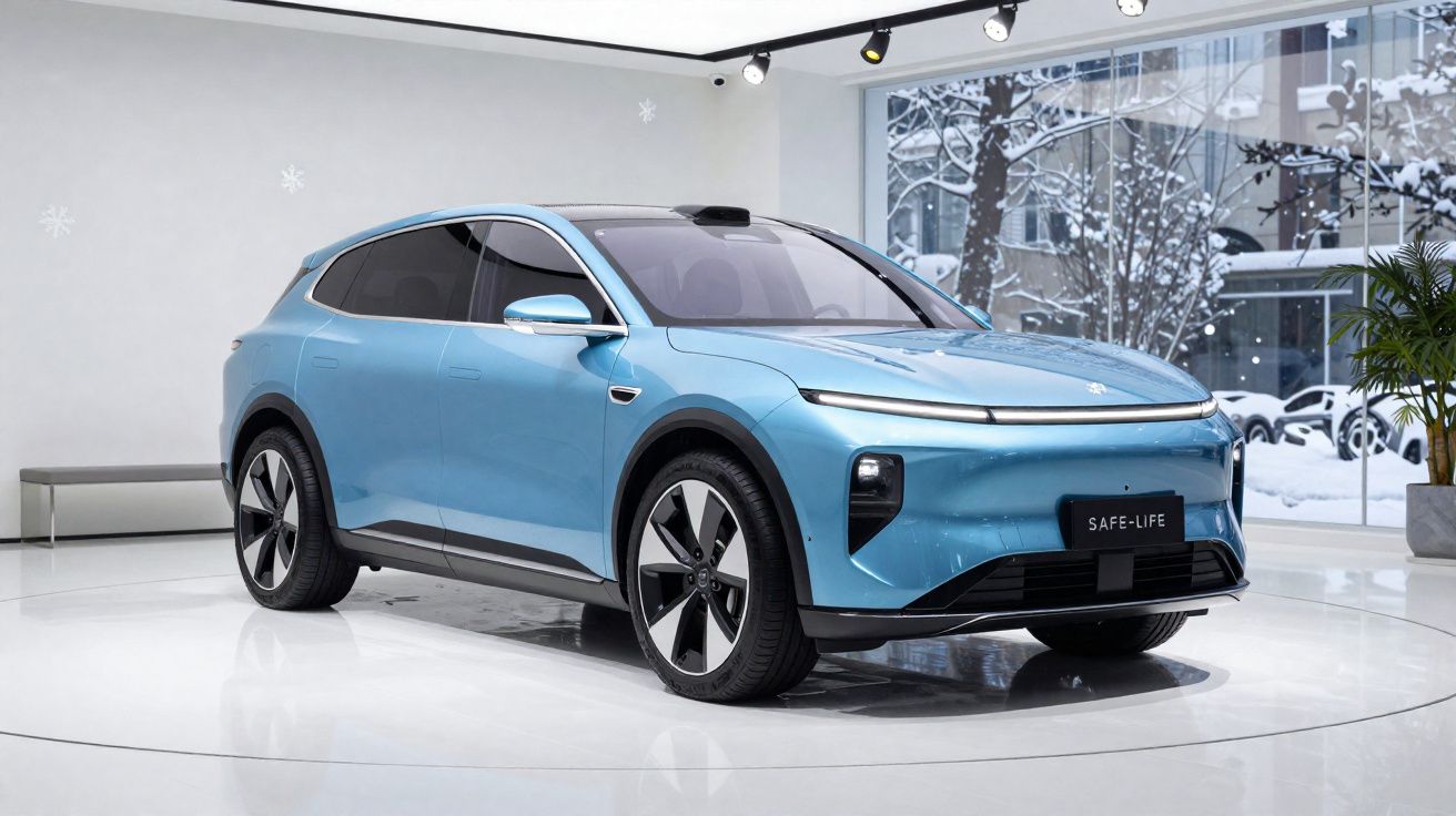 Carro elétrico azul claro exposto num salão moderno com janelas grandes e vista para neve no exterior.