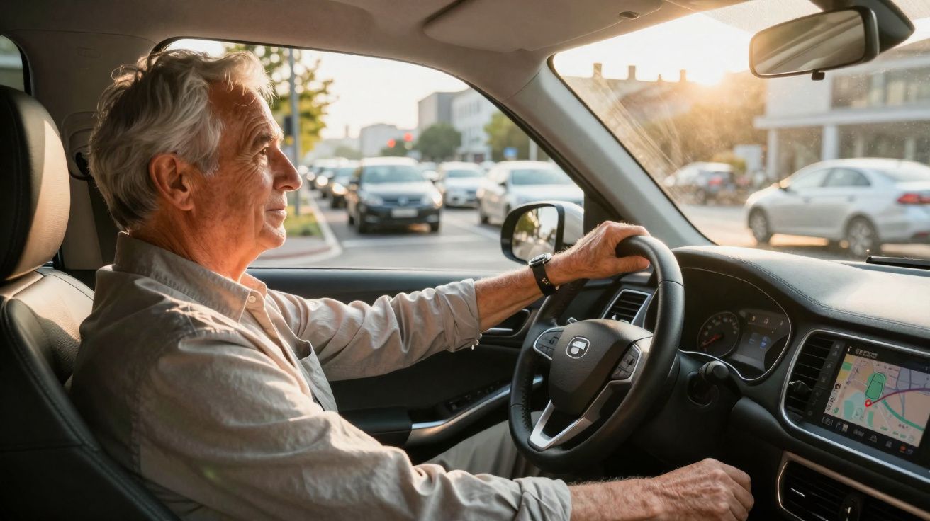 Homem sénior a conduzir um carro num dia soalheiro, com trânsito urbano visível através da janela.