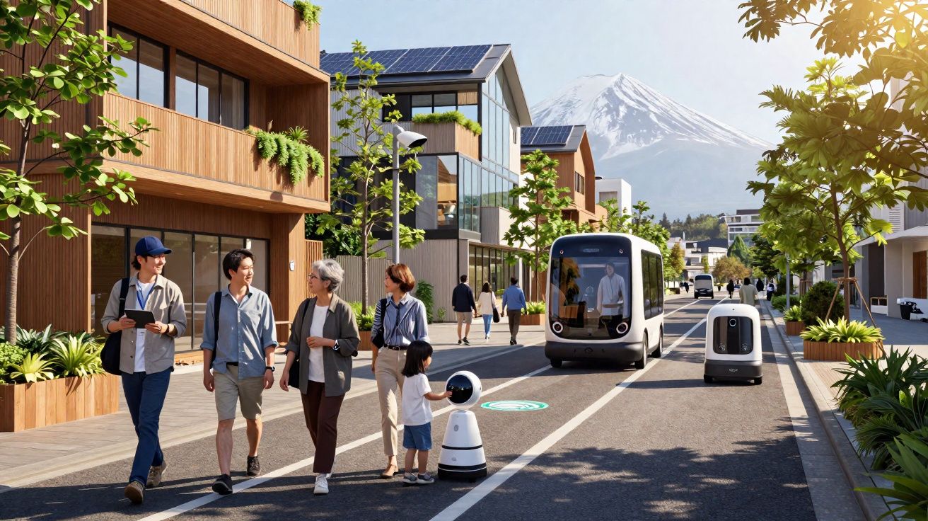 Rua urbana com pessoas a caminhar, veículos autónomos e montanha ao fundo num dia ensolarado.