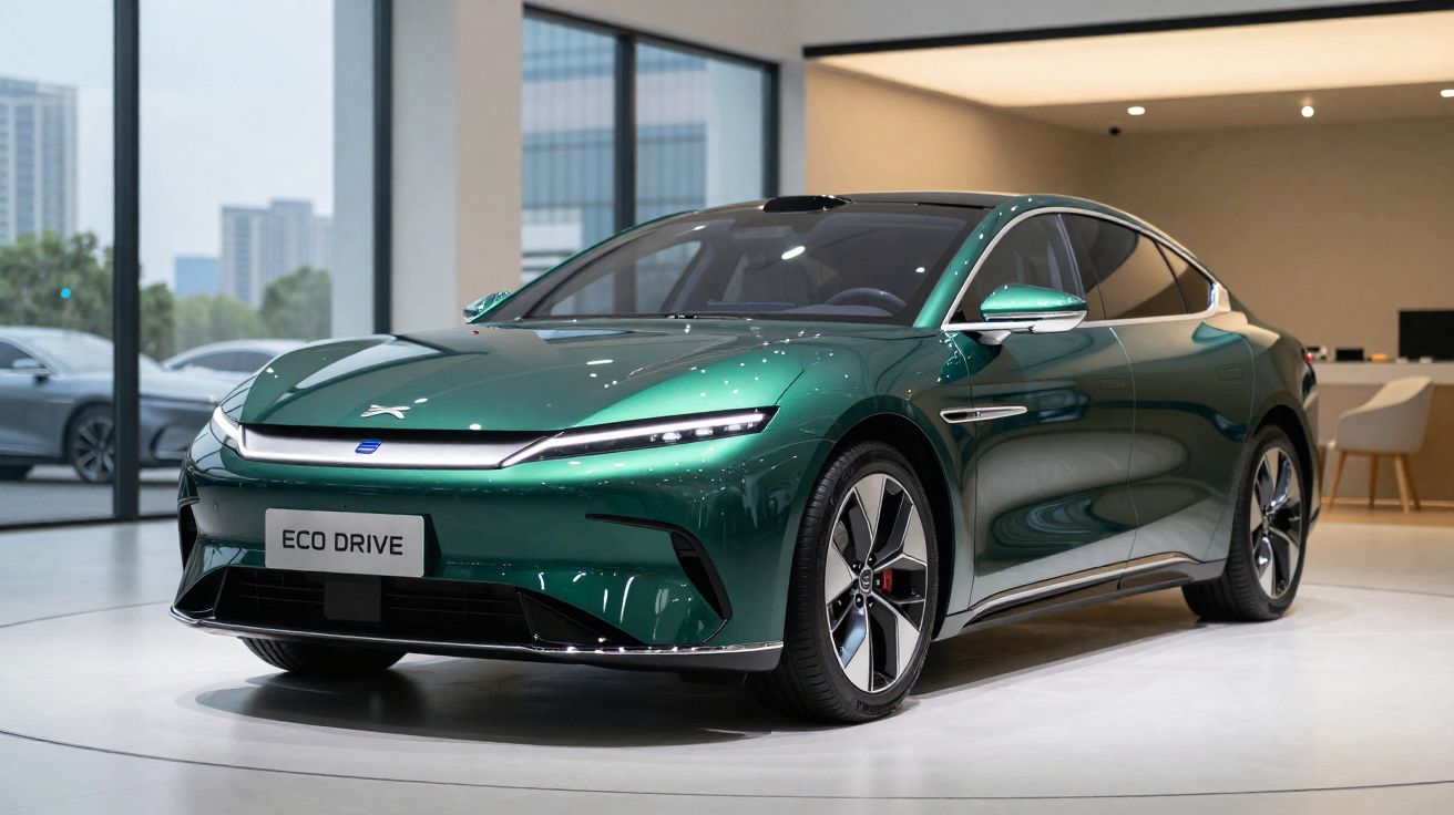 Carro elétrico verde metalizado estacionado num showroom moderno e espaçoso com janelas amplas.