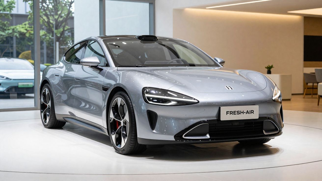 Carro desportivo elétrico cinza metálico exposto em showroom moderno com iluminação ambiente.