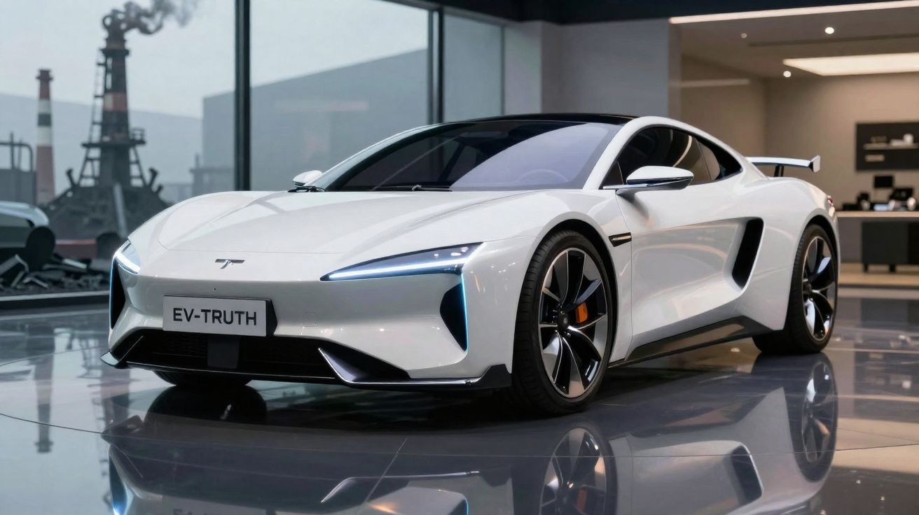 Carro desportivo elétrico branco EV-Truth num showroom com chão refletor e janelas amplas.