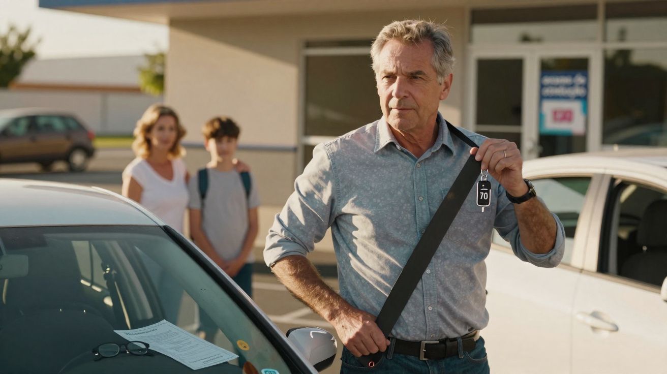 Homem de idade média a colocar o cinto de segurança junto a carros num parque de estacionamento, com duas pessoas ao fundo.