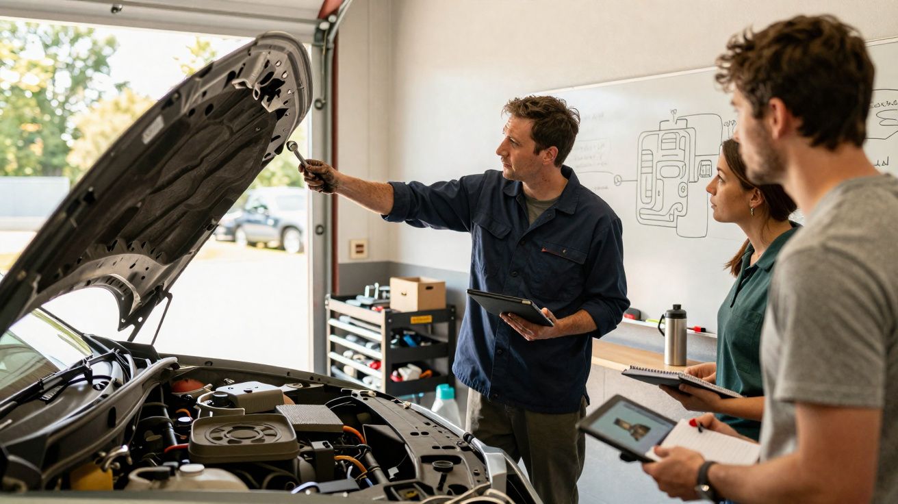 Homem a explicar motor de carro aberto a duas pessoas com tablets numa oficina iluminada.