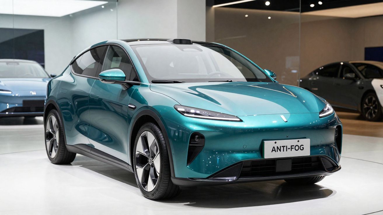 Automóvel elétrico compacto verde água expos no interior de showroom moderno e iluminado.