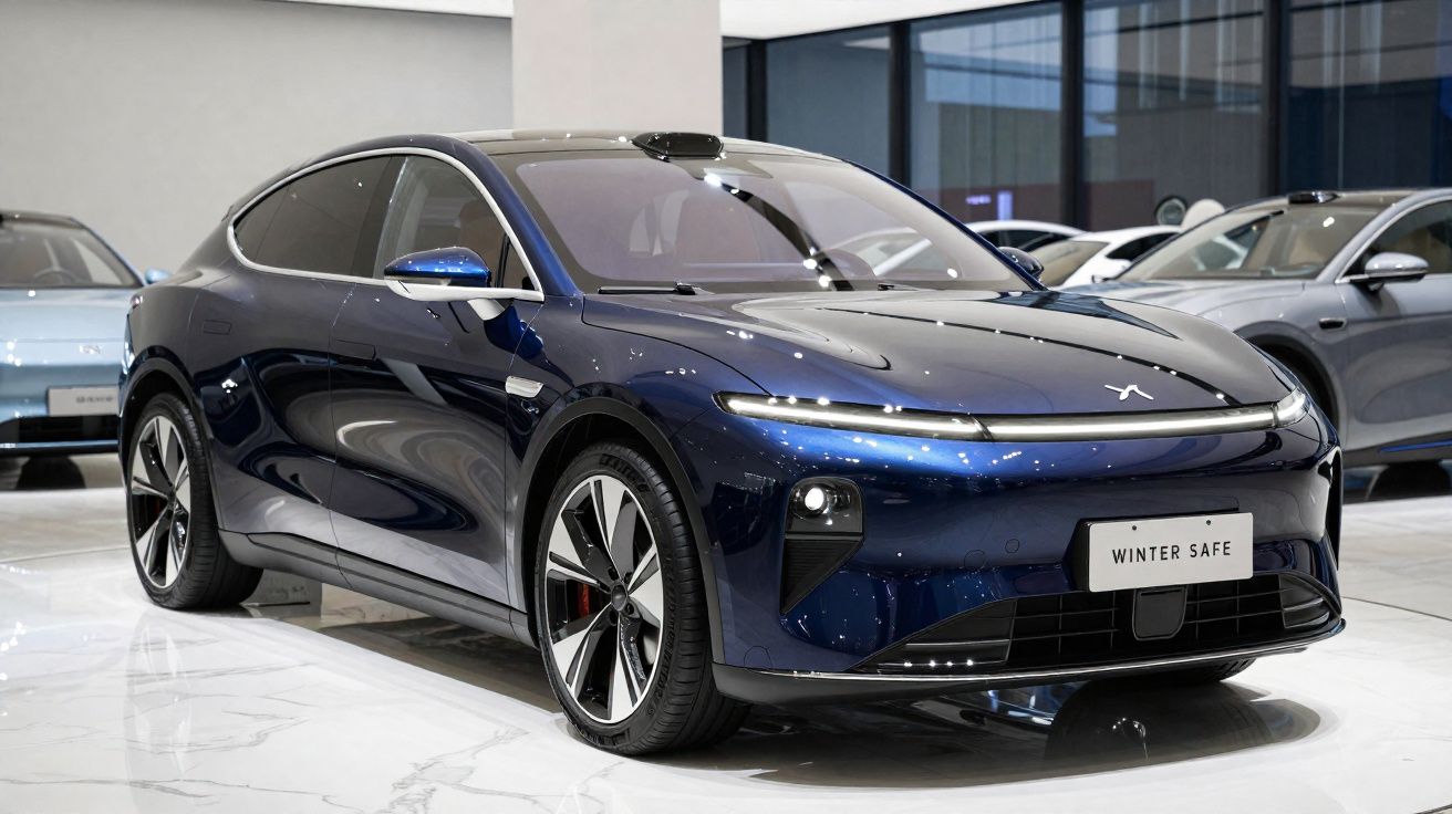 Carro elétrico desportivo azul escuro, modelo Winter Safe, exposto em showroom moderno com chão branco.