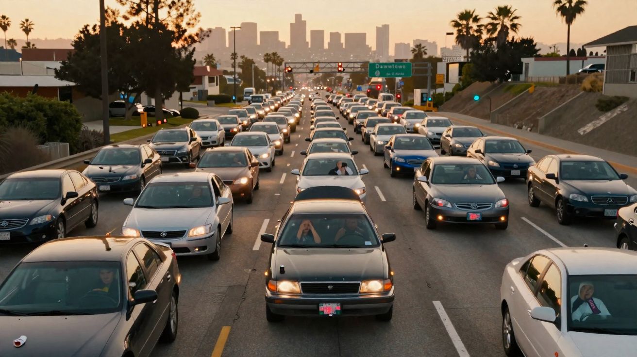 Trânsito pesado em várias faixas numa autoestrada com edifícios e palmeiras ao fundo ao pôr do sol.