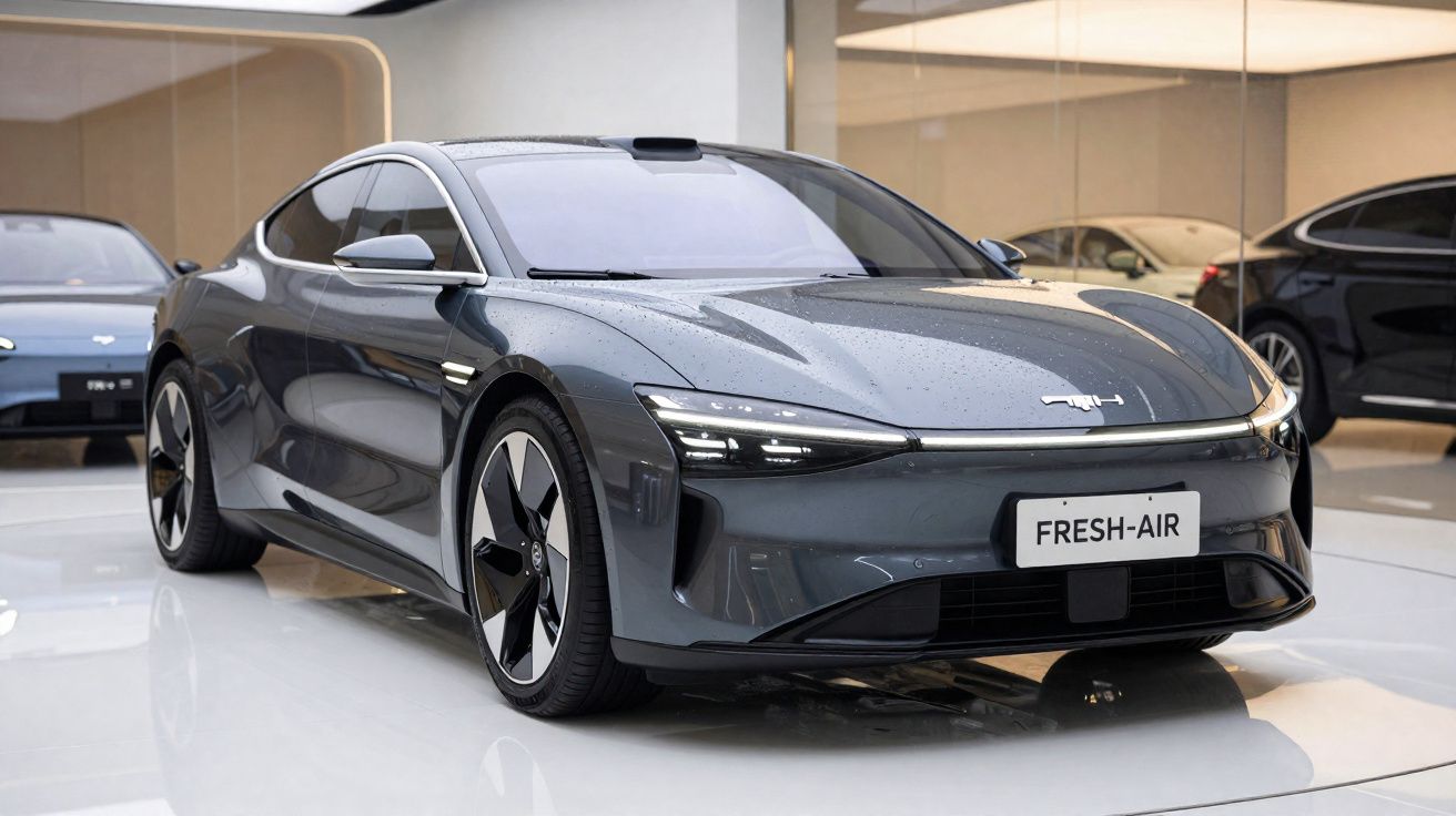 Carro elétrico cinzento escuro com design futurista e matrícula com texto "FRESH-AIR" em exposição interior.