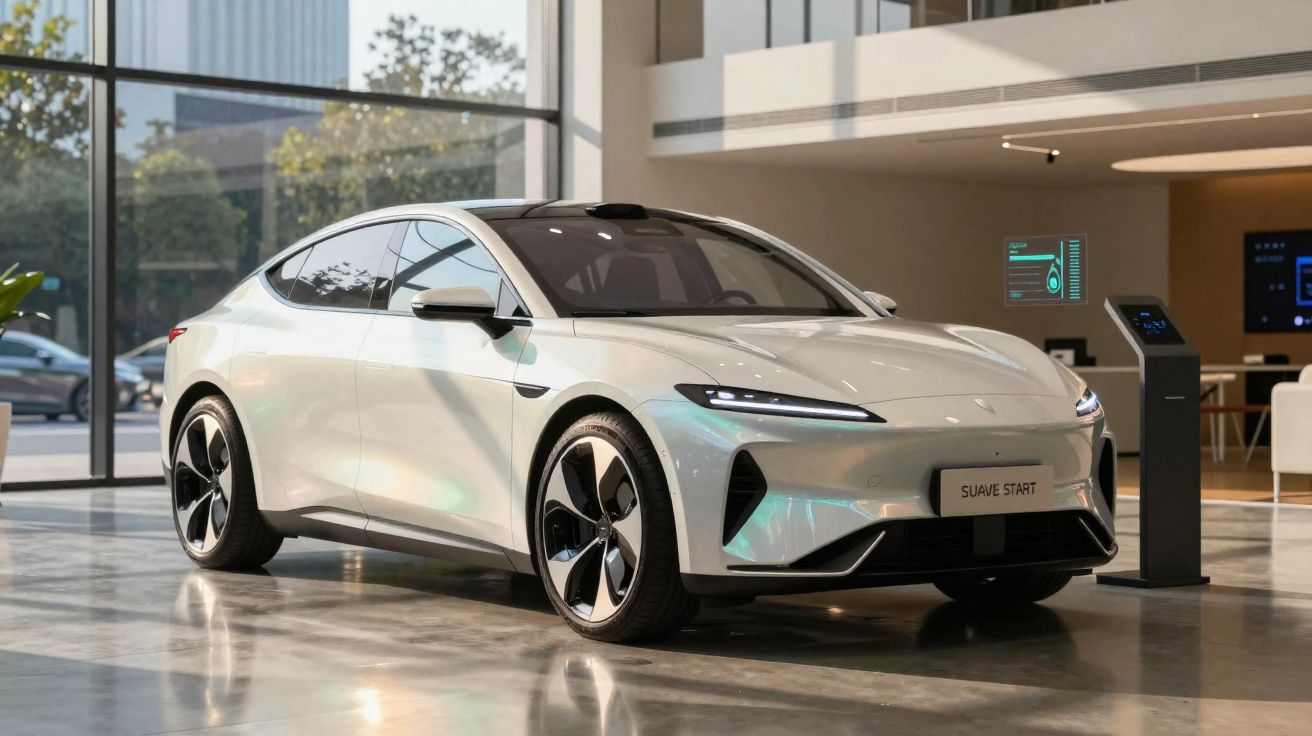 Carro elétrico branco moderno exposto num showroom com janelas amplas e piso brilhante.