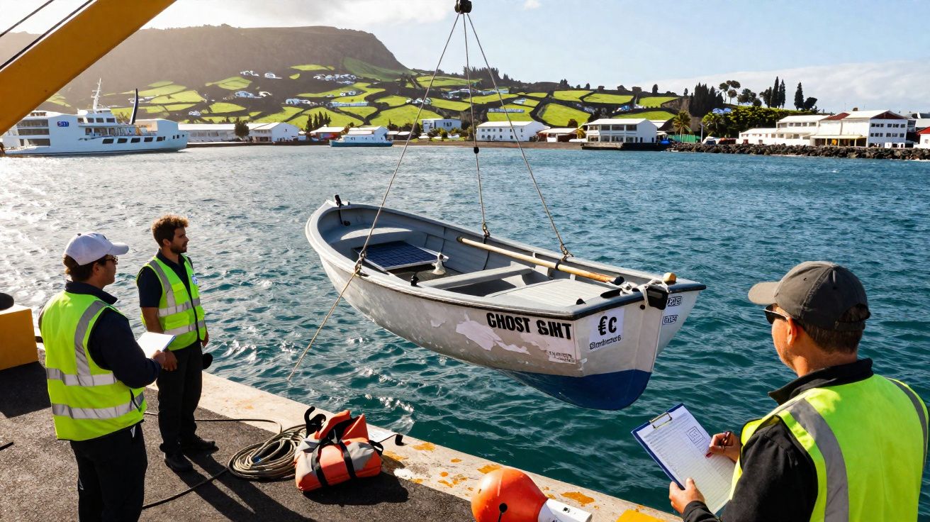Três trabalhadores com coletes refletores levantam um barco chamado Ghost Ship junto ao cais com paisagem de ilhas ao fundo.