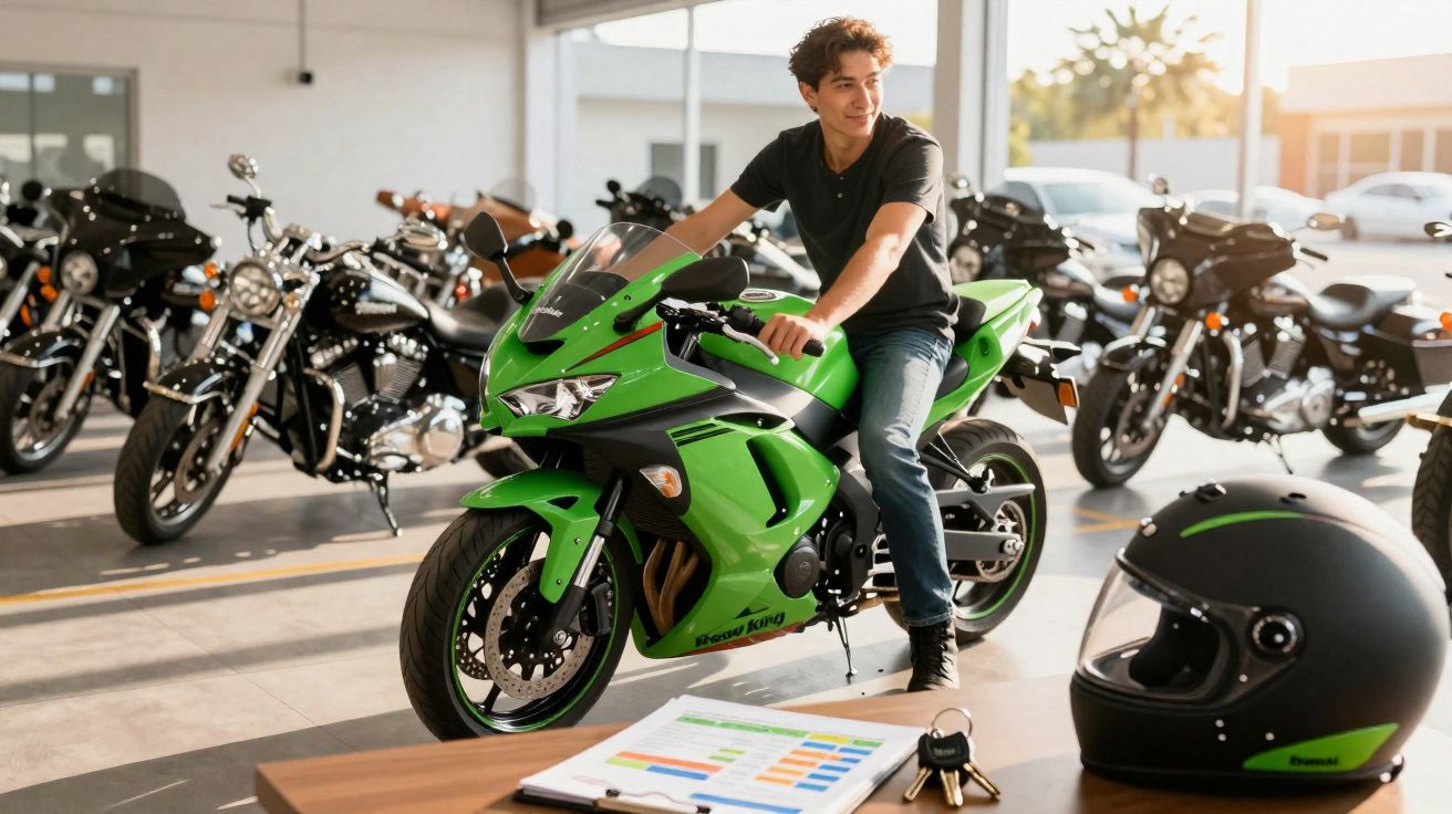 Jovem sentado numa mota desportiva verde dentro de uma loja de motas com capacete e chaves em mesa.