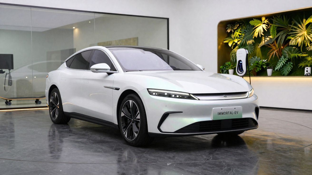 Carro elétrico branco parado numa garagem moderna com parede decorada e carregador elétrico.