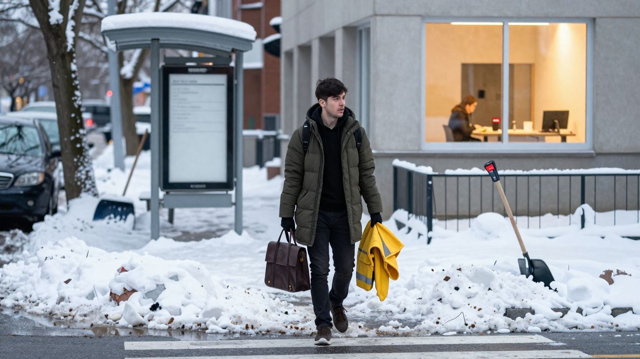 Homem com casaco e mochila a atravessar rua com neve segurando casaco amarelo e pasta castanha.