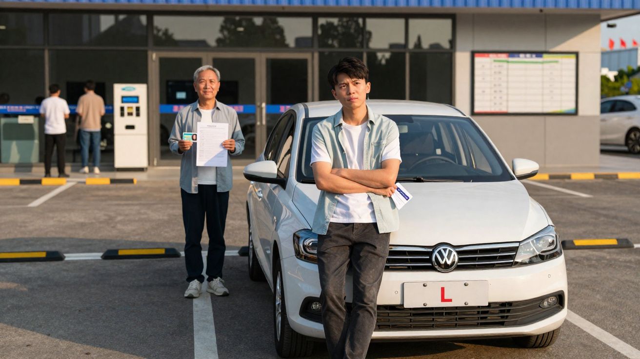 Homem jovem encostado em carro branco com placa de aprendiz, homem idoso ao fundo segurando documento num parque de estaciona