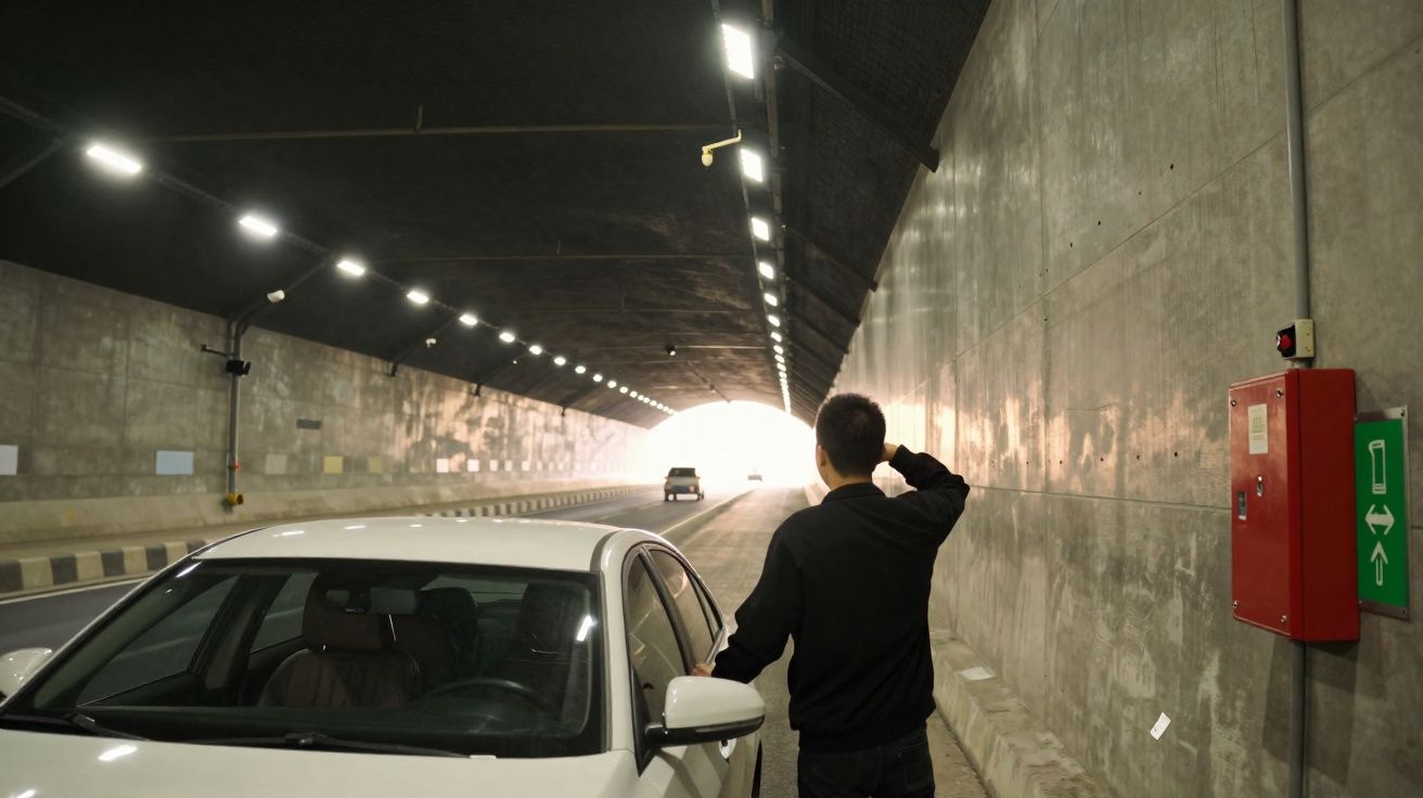 Homem parado ao lado de carro branco numa faixa de túnel iluminado, olhando para a saída iluminada.