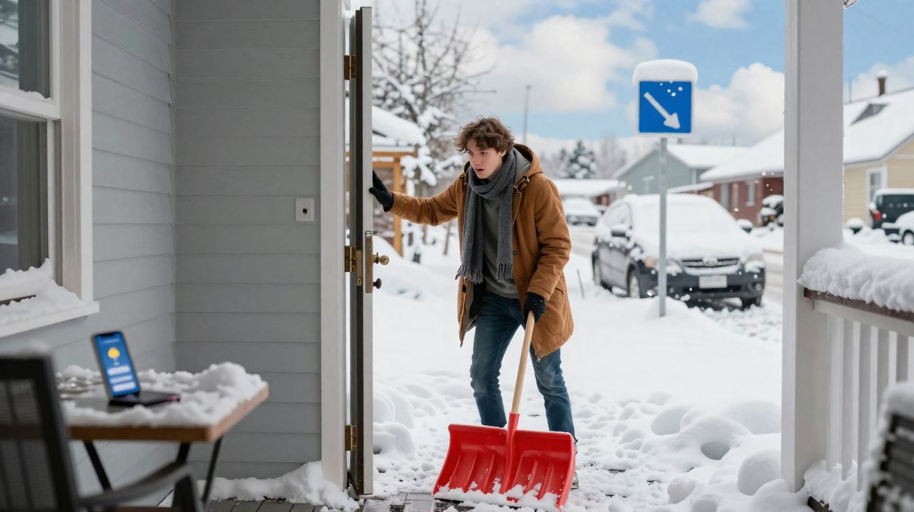 Jovem a remover neve com pá vermelha na entrada de casa durante dia de inverno nevado.