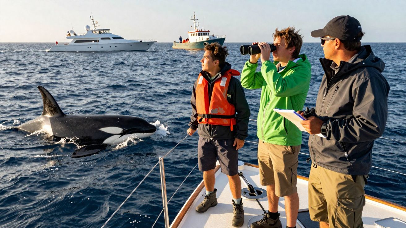 Três homens observam uma orca junto a um barco no oceano, com dois outros barcos ao fundo.