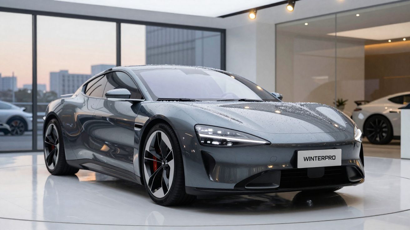 Carro desportivo cinza com luzes dianteiras LED exposto numa sala moderna com chão branco brilhante.