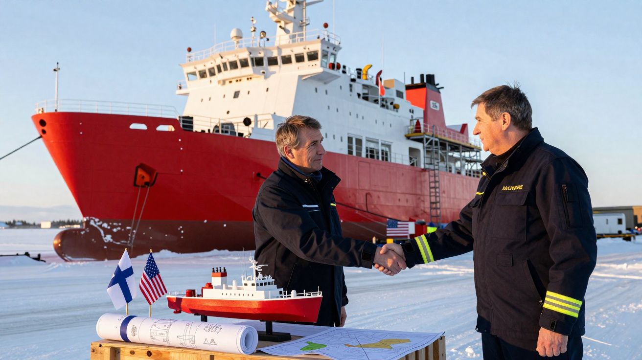 Dois homens de fato de trabalho apertam as mãos junto a maquete de navio e planos, com grande navio vermelho ao fundo na neve