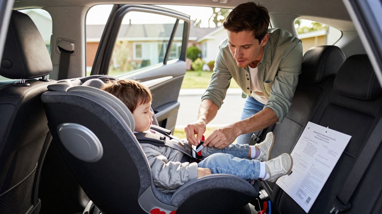 Homem a prender cinto de segurança de criança numa cadeirinha no banco traseiro de um carro.