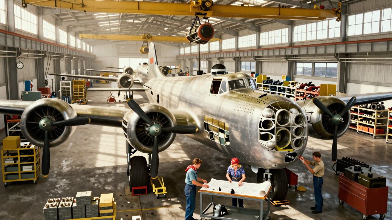 Interior de hangar com um avião antigo prateado em restauração e três técnicos a trabalhar perto da aeronave.