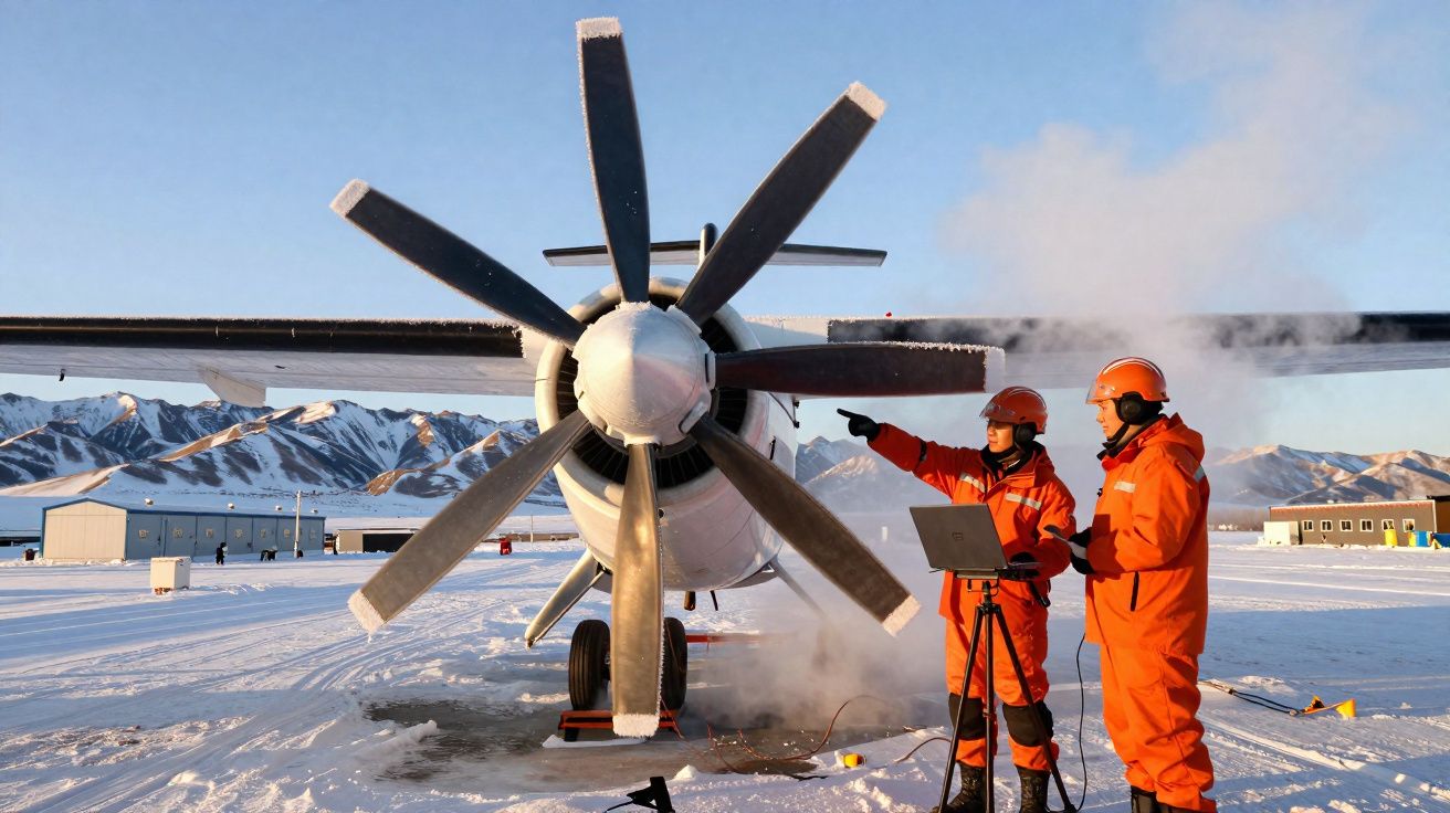 Dois técnicos em fatos laranja realizam inspeção a avião com hélice em pista aérea nevada e montanhas ao fundo.