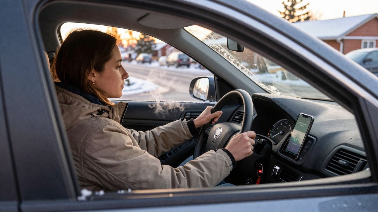 Mulher com casaco quente ao volante de carro com vapor a sair da boca em dia frio de inverno.