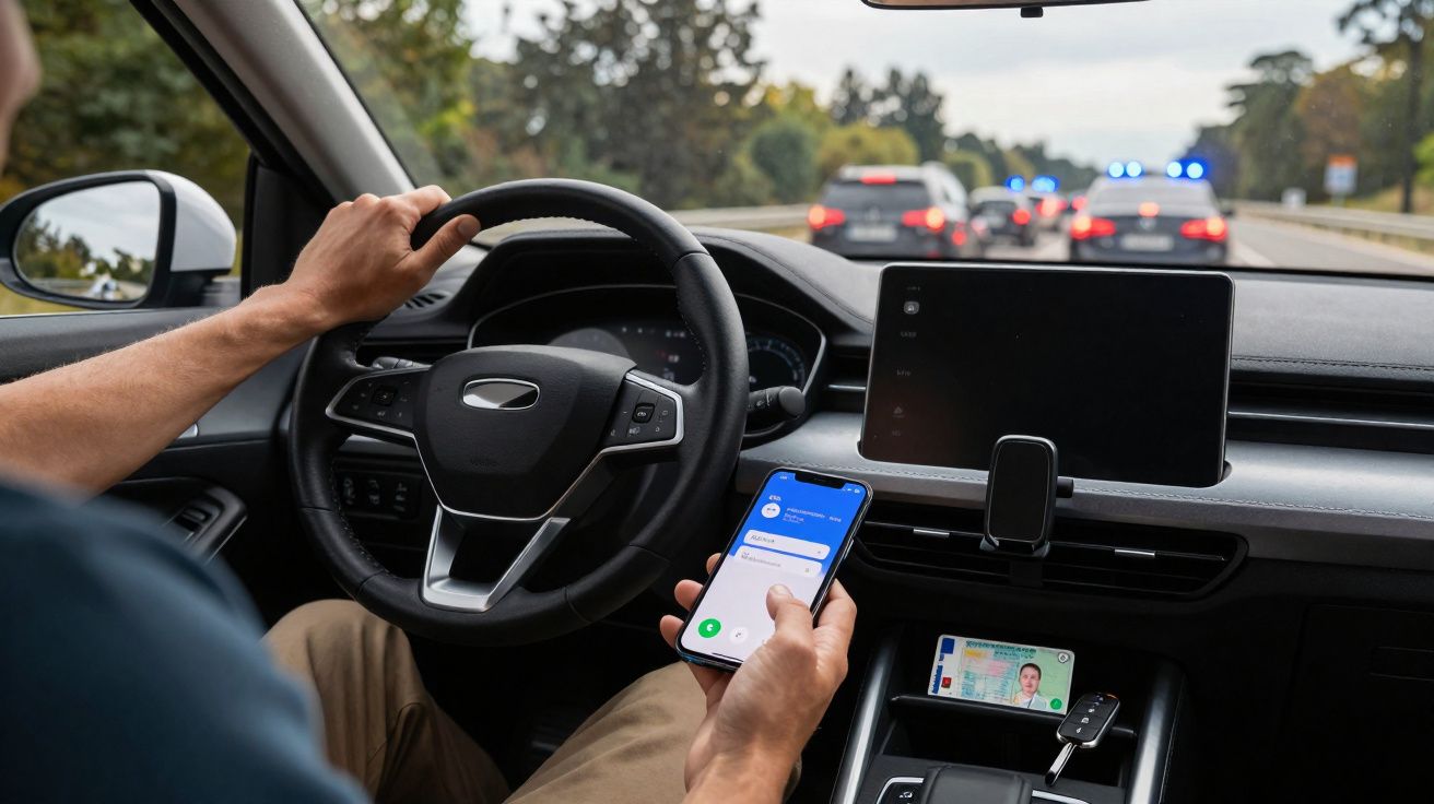 Interior de carro com motorista segurando o volante e um telemóvel, à frente filas de carros e polícia com luzes azuis ligada