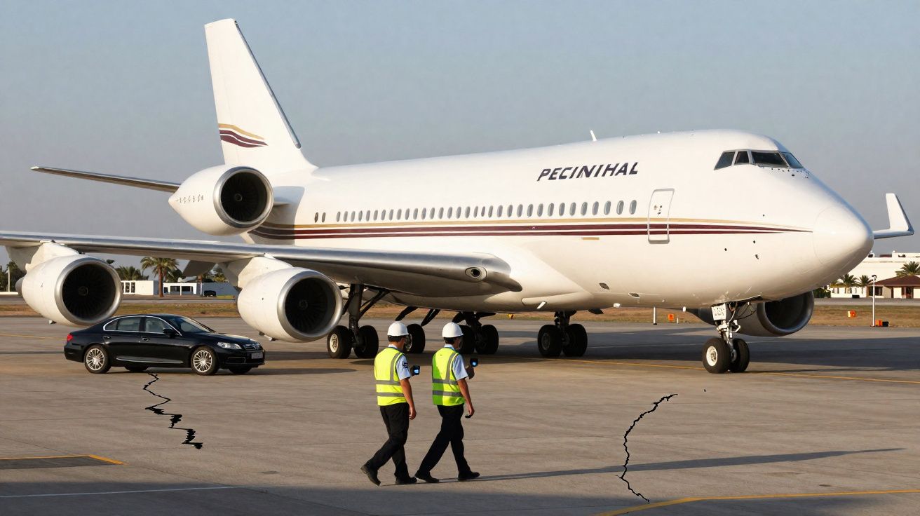 Avião branco estacionado com dois trabalhadores de colete amarelo ao lado num aeroporto.